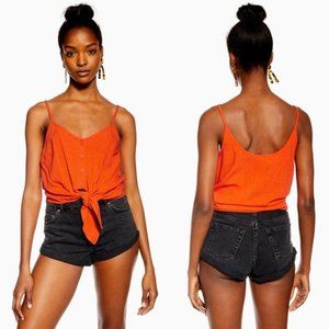 New Topshop Polly linen tie front button down dainty strap cropped cami tank top